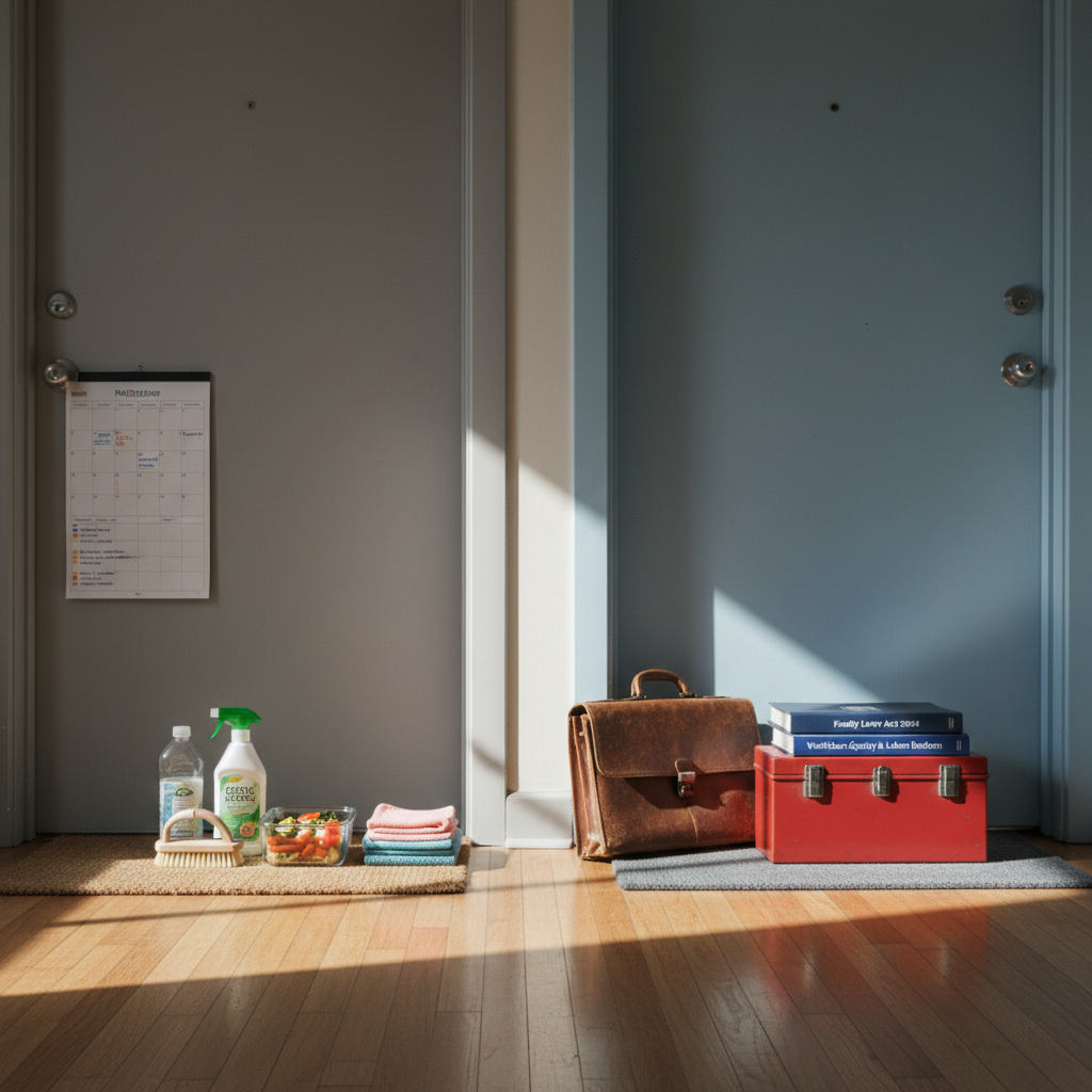 Two contrasting doorways in a quiet apartment hallway, each door painted a different muted tone: one a soft grey, the other a pale blue. On the floor before the grey door lies a neat arrangement of household tools—cleaning supplies, a meal prep container, a calendar filled with color-coded tasks. In front of the blue door rests a briefcase, a toolbox, and a stack of policy reports on family leave and labor. Diffused afternoon light from an unseen window falls across the scene, creating subtle shadows and a photographic, documentary feel. Shot from a slightly low angle with the doors following the rule of thirds, the mood is reflective and neutral, prompting viewers to question traditional divisions of labor without showing any people.