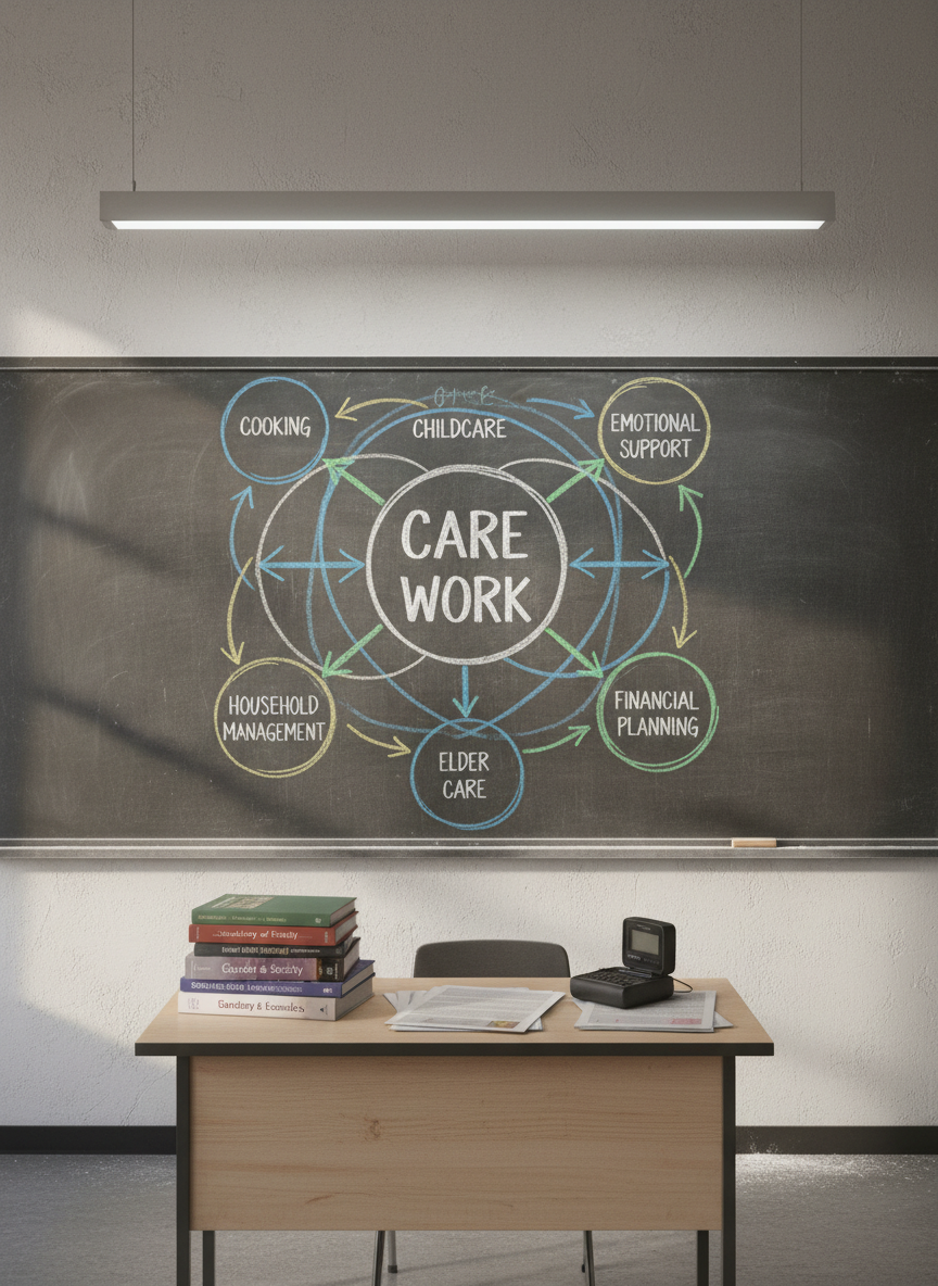 A large chalkboard mounted on a clean classroom wall, meticulously filled with a hand-drawn gender-neutral diagram of caregiving roles: interconnected circles labeled with tasks like cooking, childcare, emotional support, and elder care, arranged symmetrically around a central circle titled “Care Work.” Colored chalk arrows point in all directions, deliberately avoiding gender symbols. Below the board sits a minimalist desk stacked with sociology textbooks, printed journal articles, and a small digital voice recorder. Overhead fluorescent lights and soft window light blend to create balanced, even illumination, with realistic chalk dust smudges visible. Photographic realism, captured straight-on with sharp focus throughout, conveying a professional, academic atmosphere appropriate for an educational lesson.