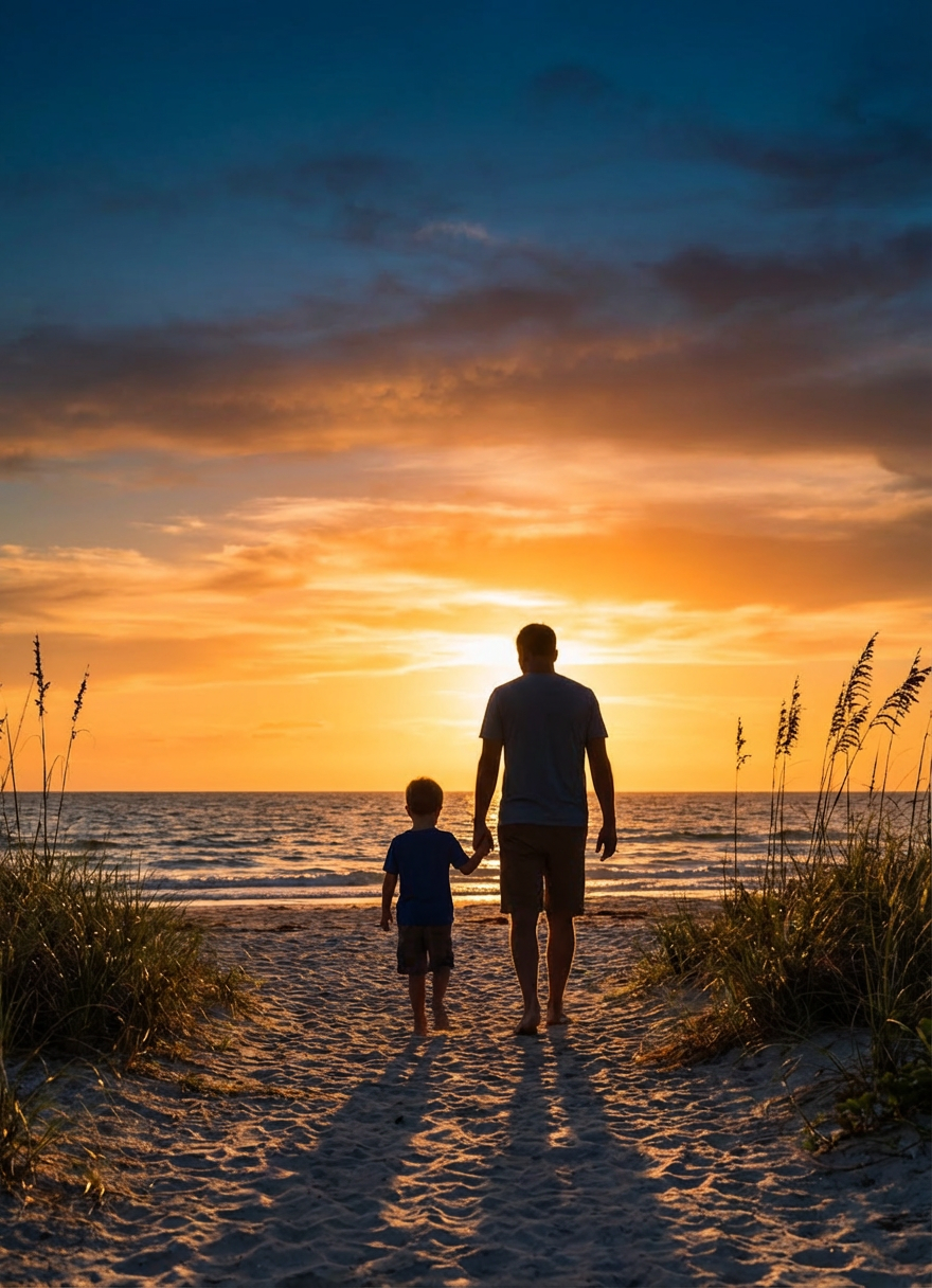 A man and young boy hold hands walking down a sandy path toward the ocean at sunset.